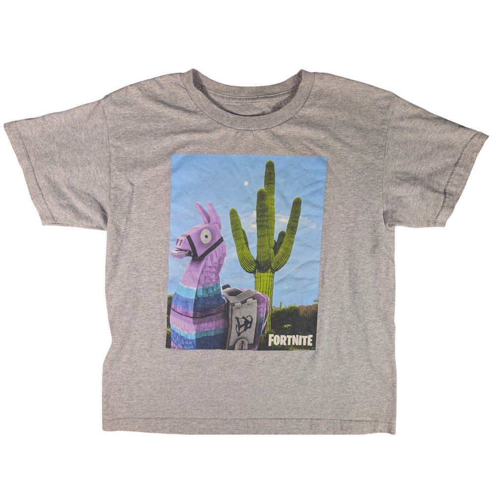 Fortnite Kids Gray Loot Llama Desert Cactus Graphic T-Shirt Short Sleeve Sz XL